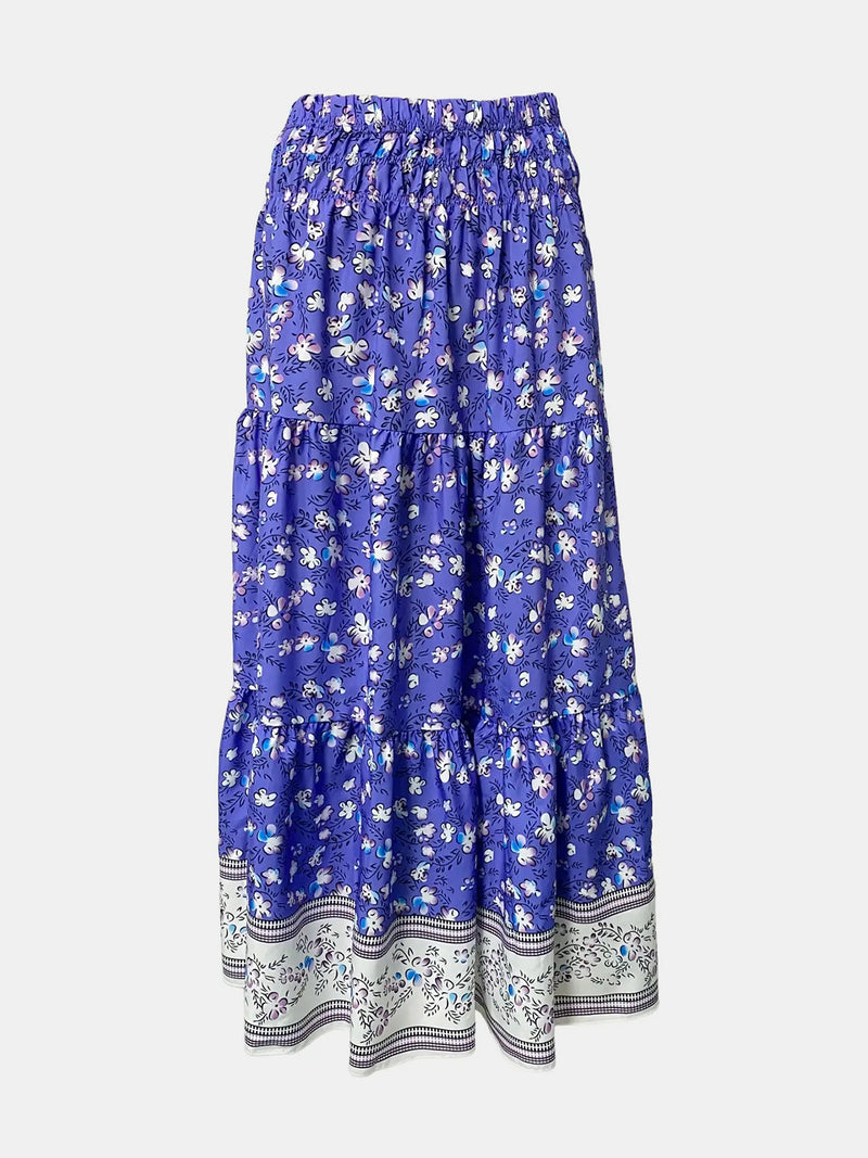 Boho Tiered Printed Elastic Waist Skirt