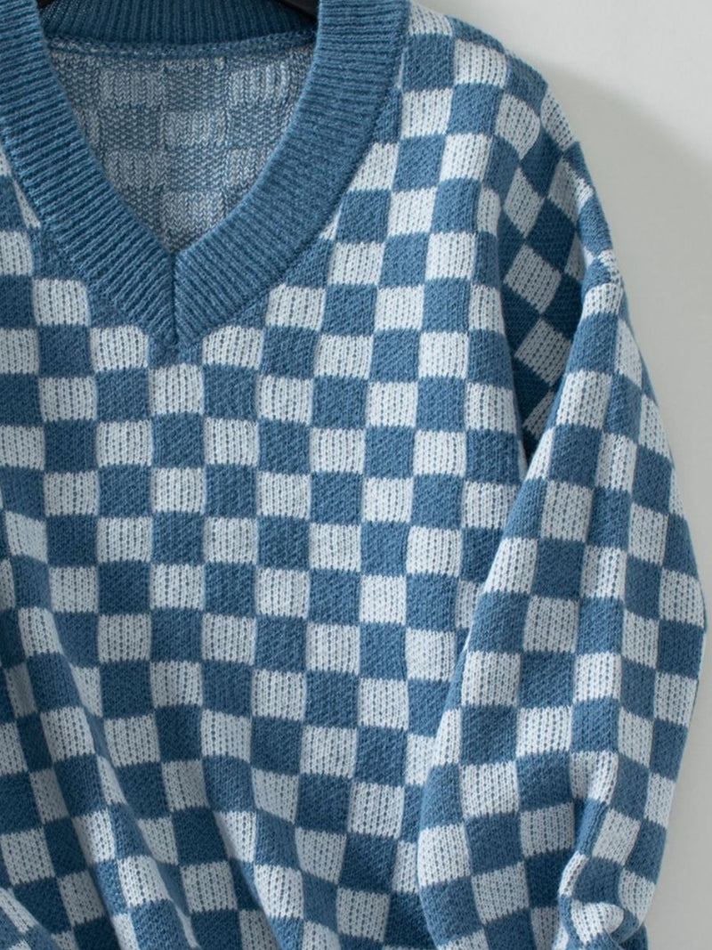 3 COLORS Checkered V-Neck Dropped Shoulder Sweater