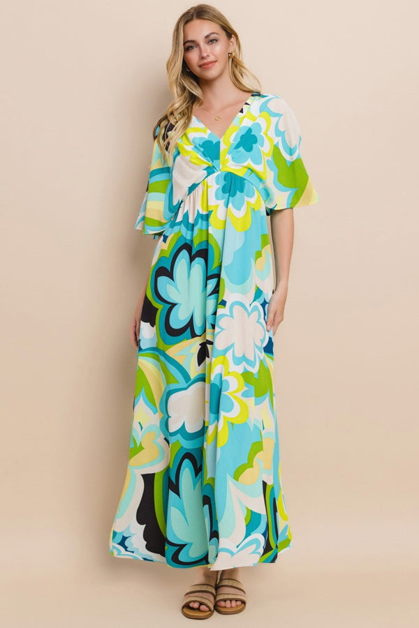 70's INspired Floral Printed Slit Maxi Dress