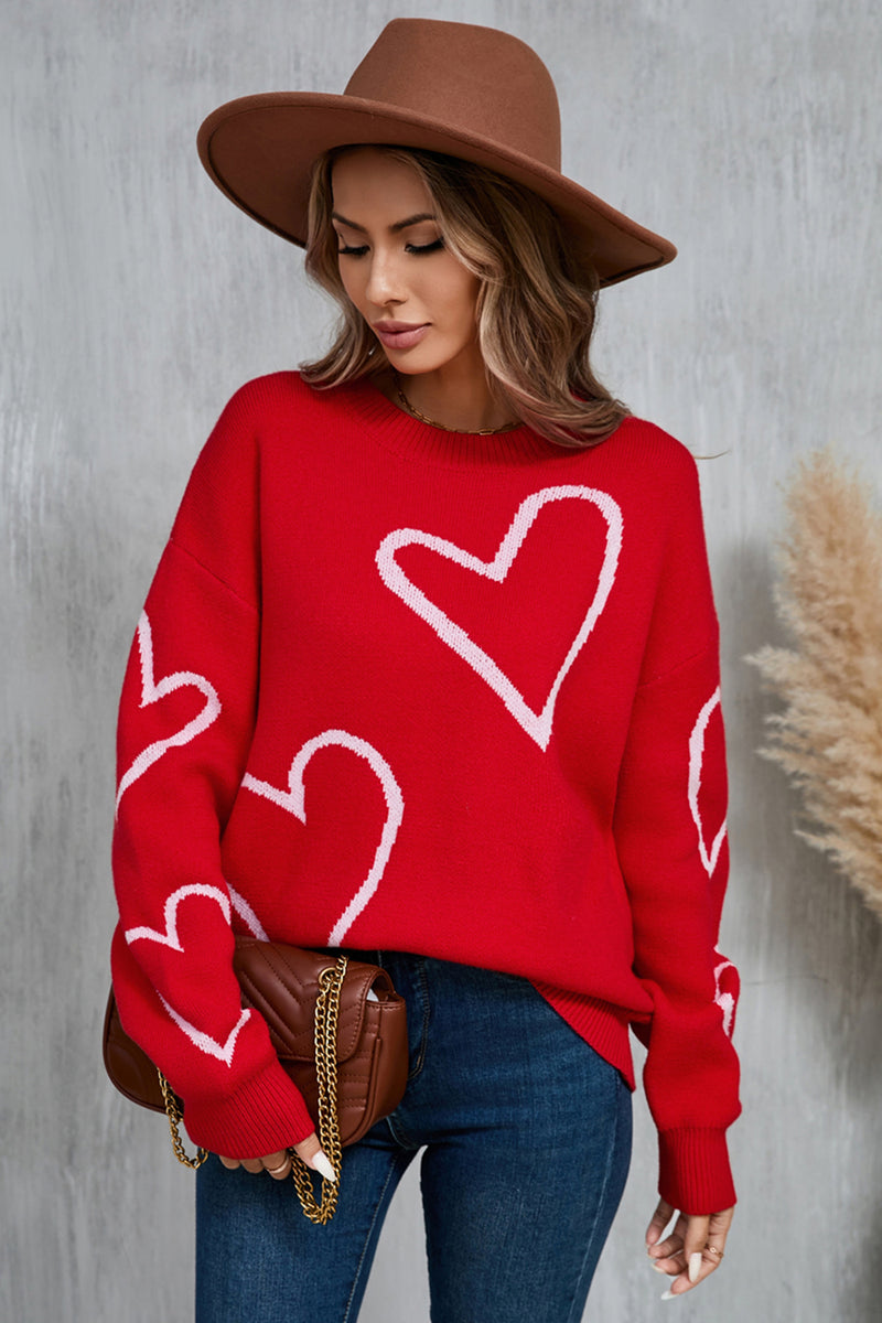 2 COLORS Heart Dropped Shoulder Long Sleeve Sweater