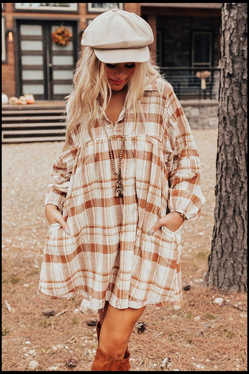 Plaid Collared Neck Long Sleeve Shirt Dress