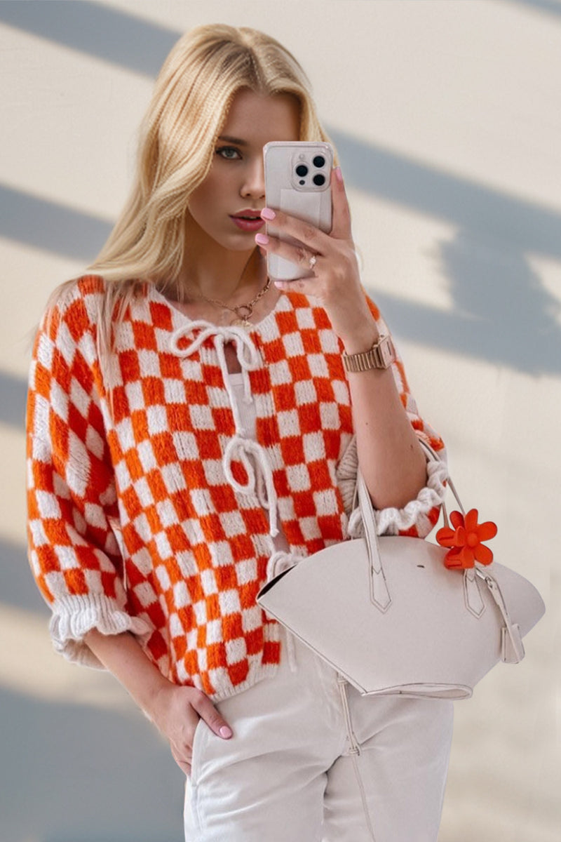 7 COLORS Checkered Dropped Shoulder Flounce Sleeve Cardigan