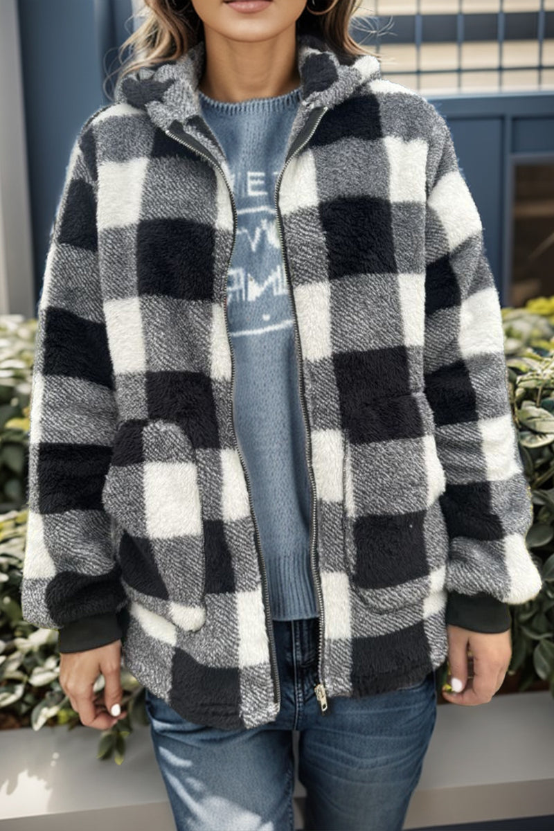 4 COLORS - Plaid Long Sleeve Hooded Coat