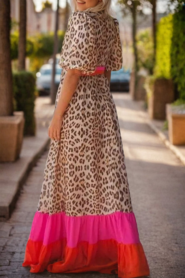 Leopard V-Neck Half Sleeve Maxi Dress