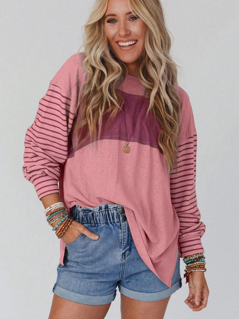 Round Neck Striped Long Sleeve Slit Top