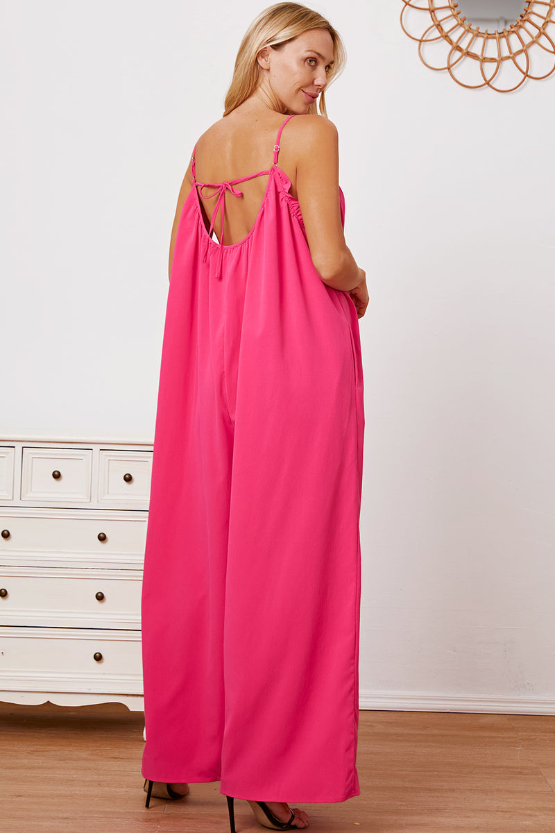 2 COLORS -  Ruffle Trim Tie Back Cami Jumpsuit with Pockets