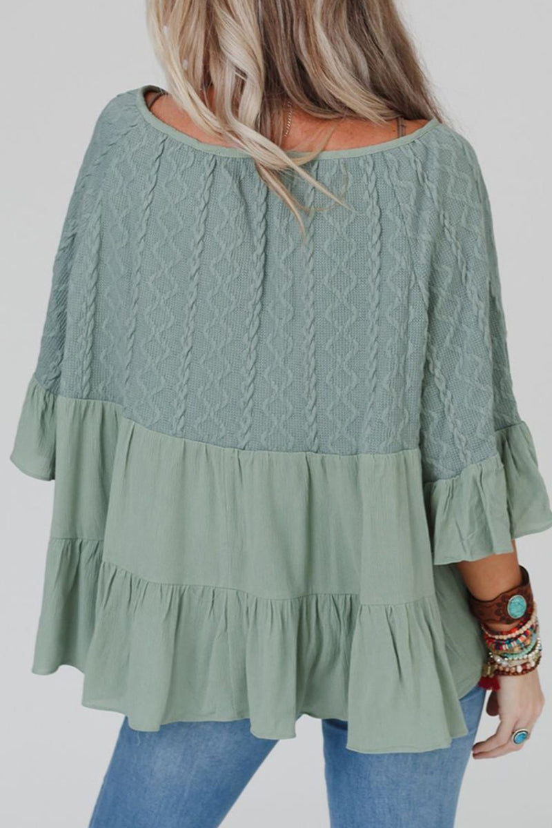 Ruffled Tie Neck Three-Quarter Sleeve Blouse