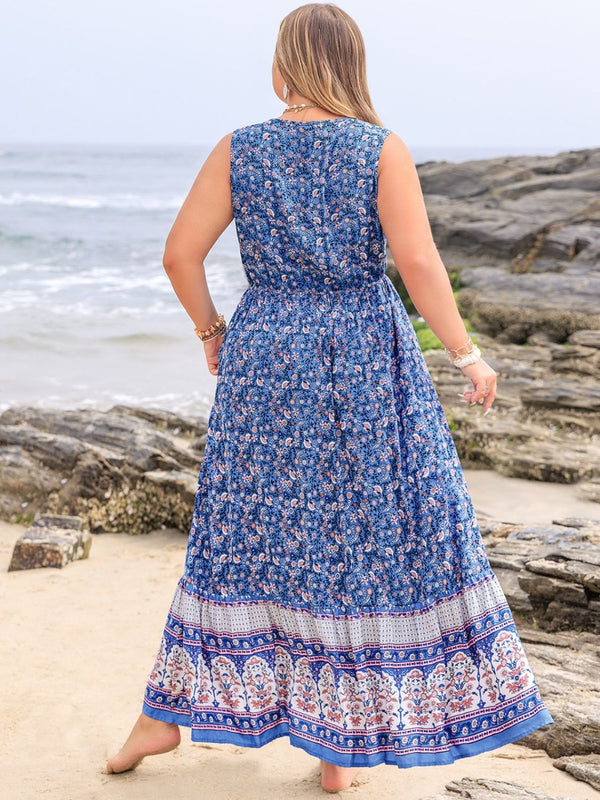 Plus Size Tied Printed Sleeveless Maxi Dress