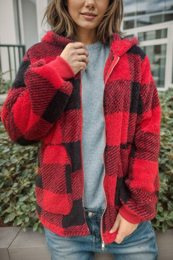 4 COLORS - Plaid Long Sleeve Hooded Coat