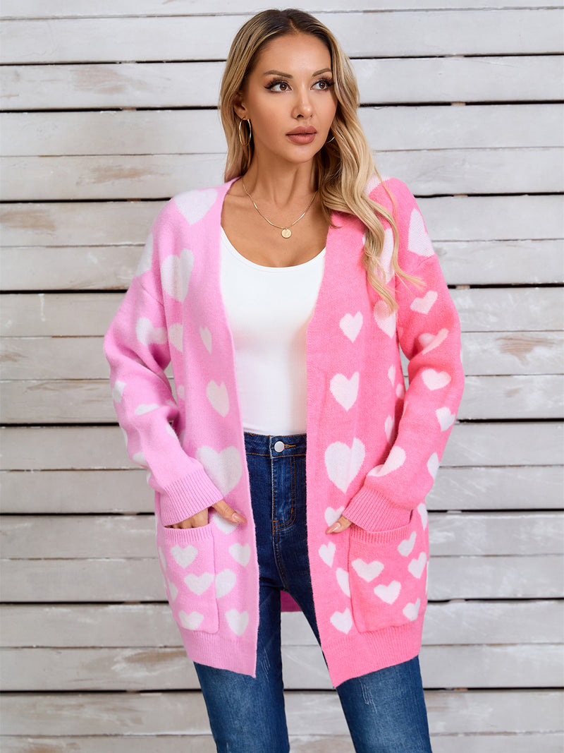 3 COLORS Heart Open Front Long Sleeve Cardigan