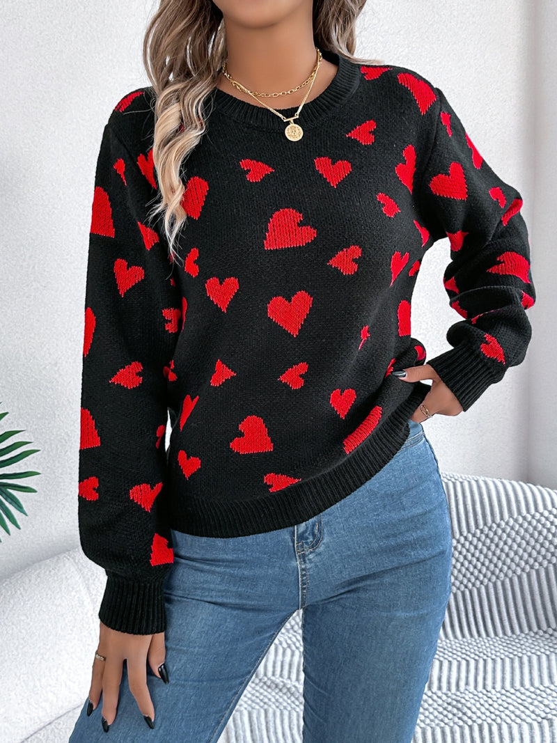 3 COLORS - Heart Round Neck Long Sleeve Sweater