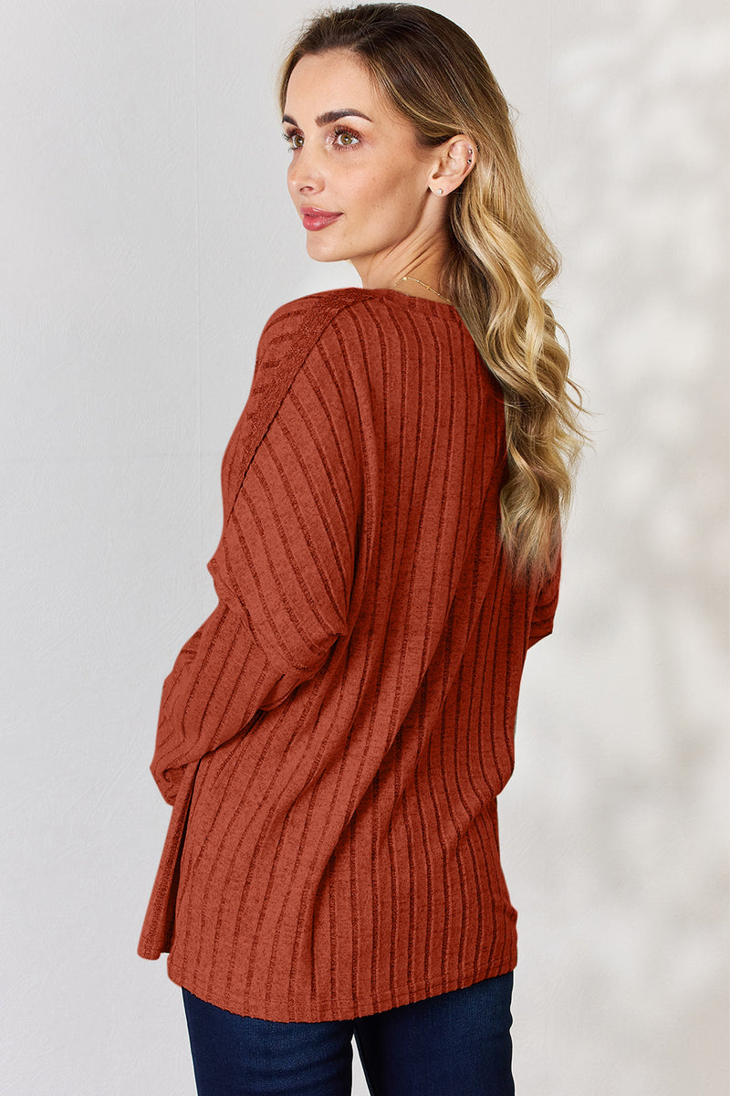 Ribbed Half Button Long Sleeve Top