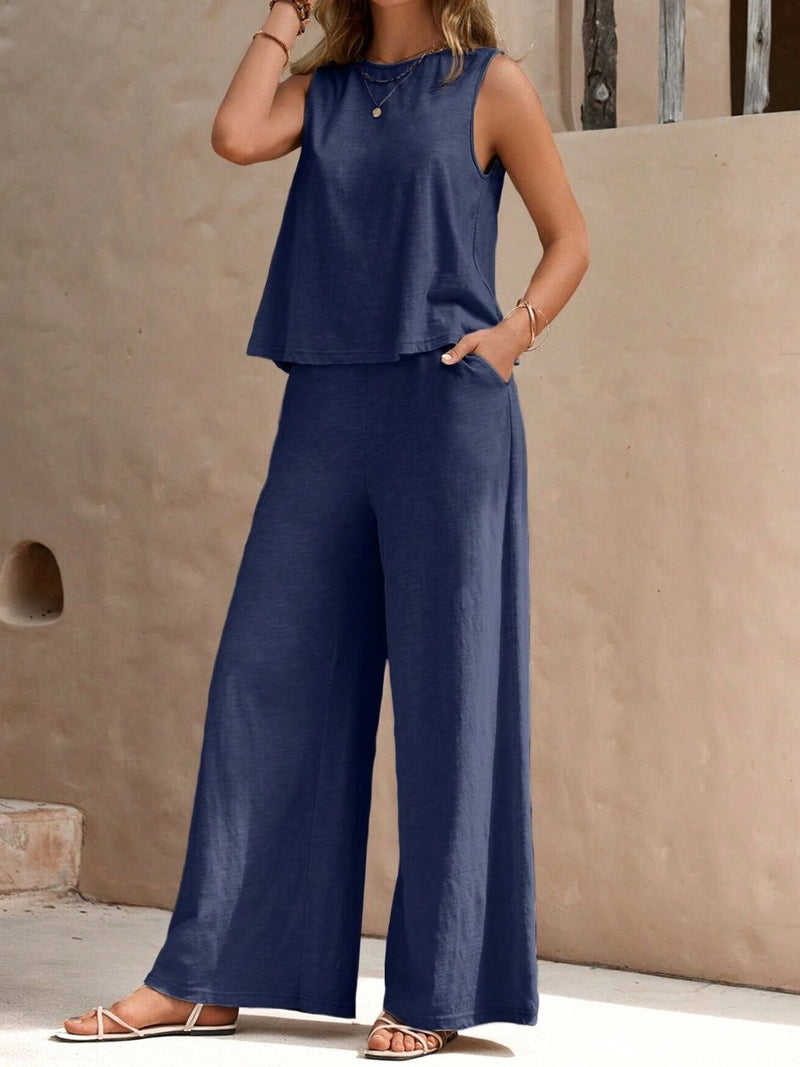 *5 COLORS* Round Neck Sleeveless Top and Wide Leg Pants Set