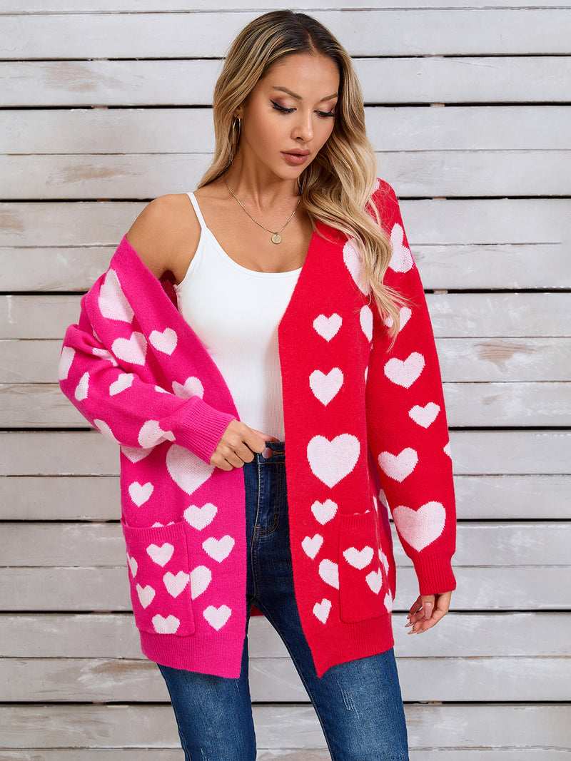 3 COLORS Heart Open Front Long Sleeve Cardigan