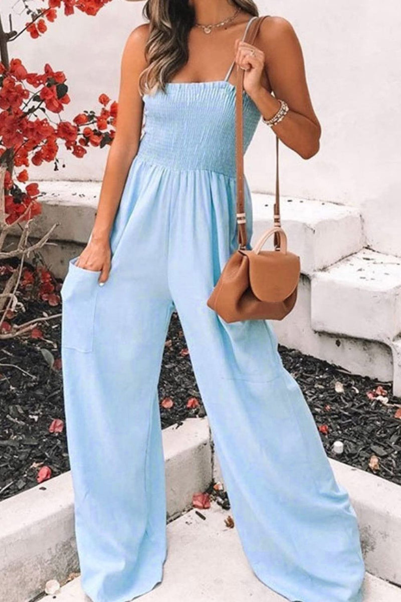 *5 COLORS* Smocked Spaghetti Strap Wide Leg Jumpsuit