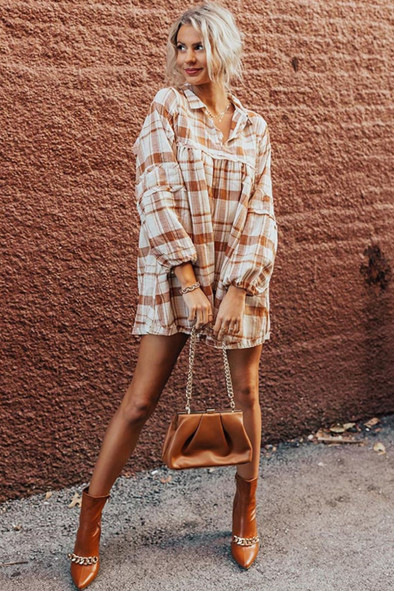 Plaid Collared Neck Long Sleeve Shirt Dress