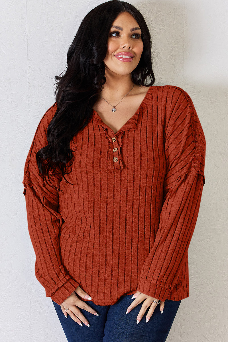 Ribbed Half Button Long Sleeve Top