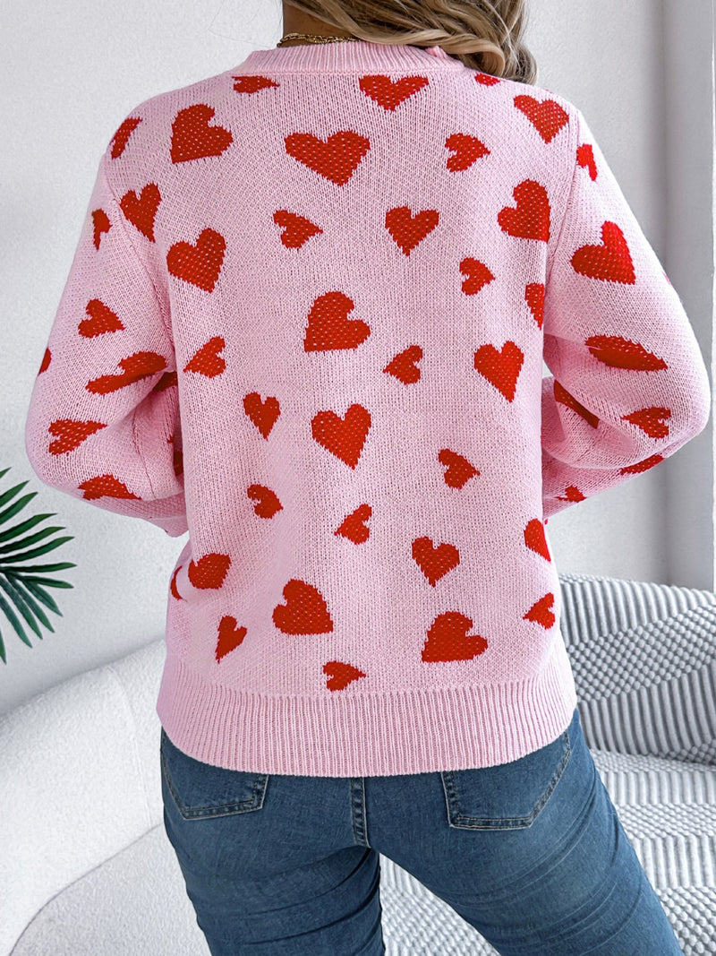 3 COLORS - Heart Round Neck Long Sleeve Sweater