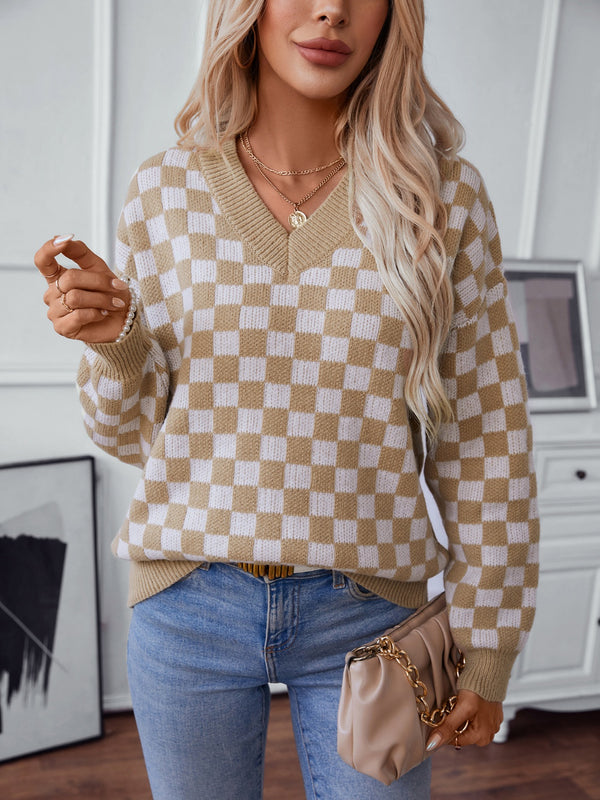 3 COLORS Checkered V-Neck Dropped Shoulder Sweater