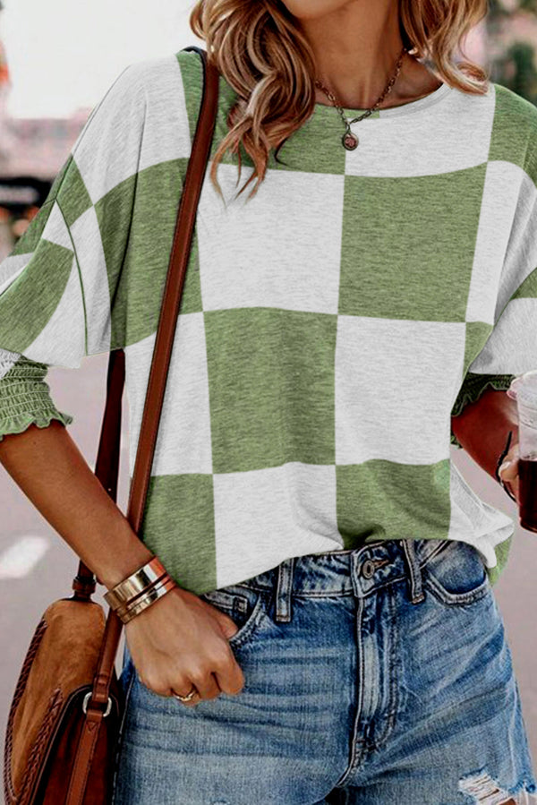 Checkered Lantern Sleeve Top