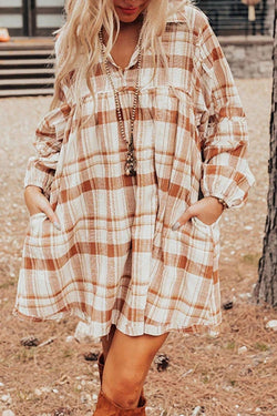 Plaid Collared Neck Long Sleeve Shirt Dress