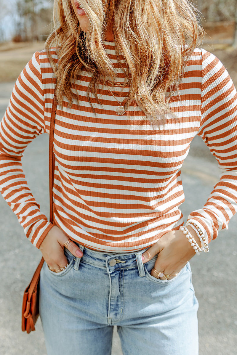 6 COLORS - Fall Back Striped Mock Neck Long Sleeve Top