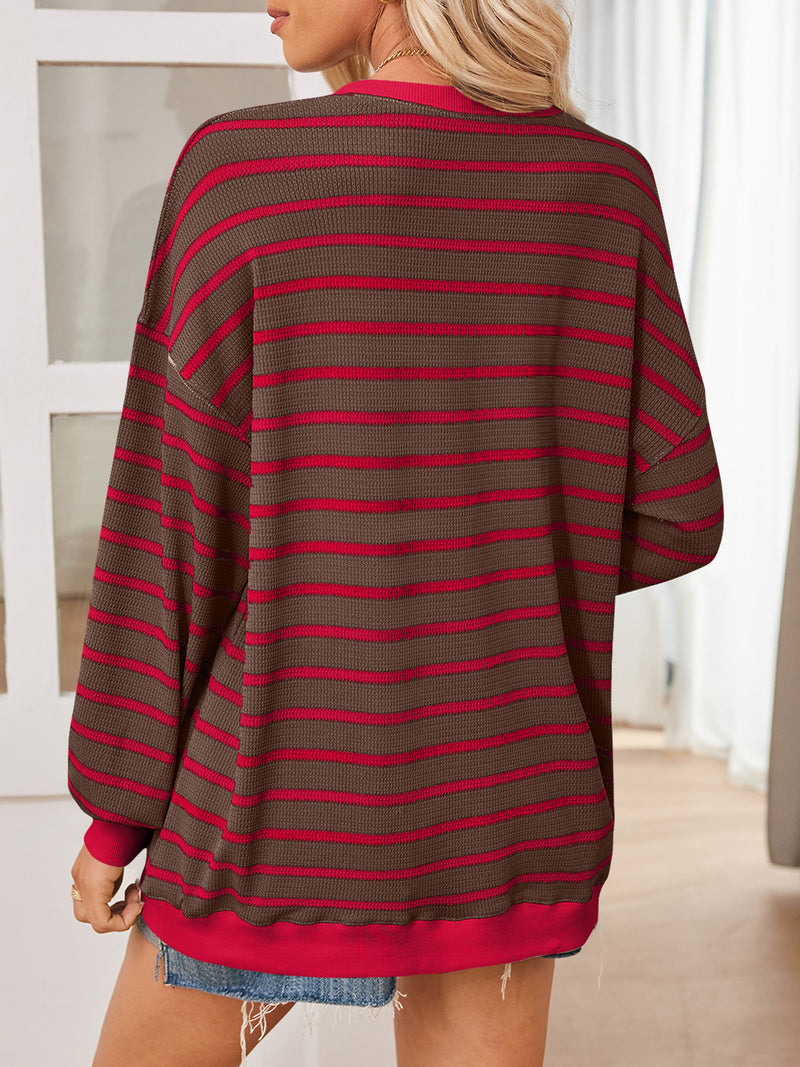 4 COLORS - Striped Contrast Long Sleeve Sweatshirt