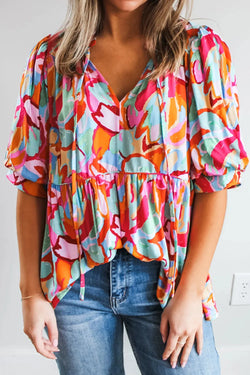 Artsy Printed Tie Neck Half Sleeve Blouse