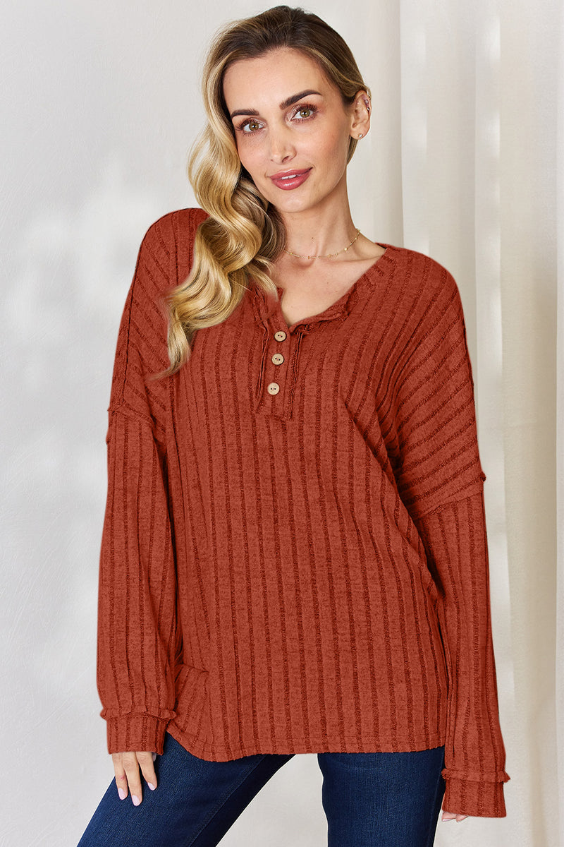 Ribbed Half Button Long Sleeve Top