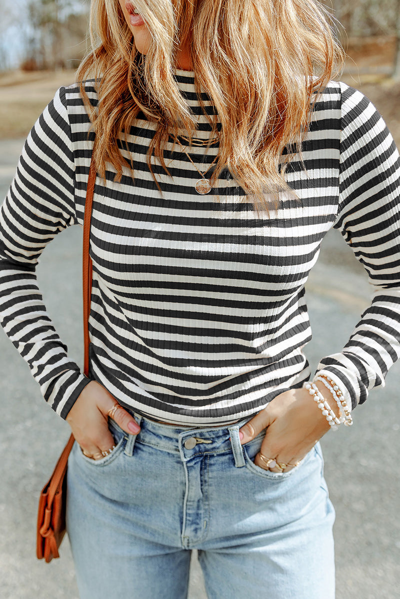 6 COLORS - Fall Back Striped Mock Neck Long Sleeve Top