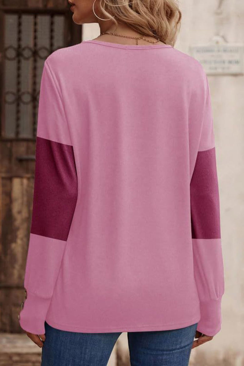 Decorative Button Contrast V-Neck Long Sleeve Top