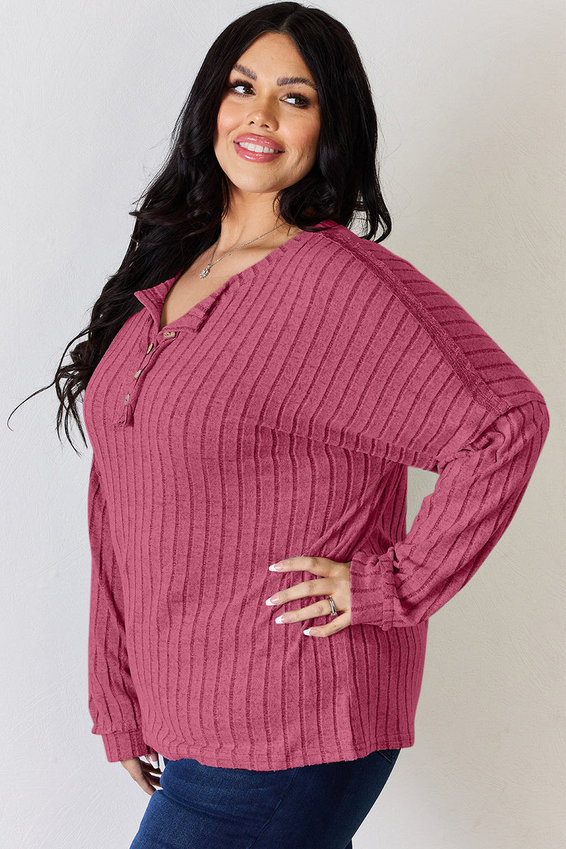 Ribbed Half Button Long Sleeve Top