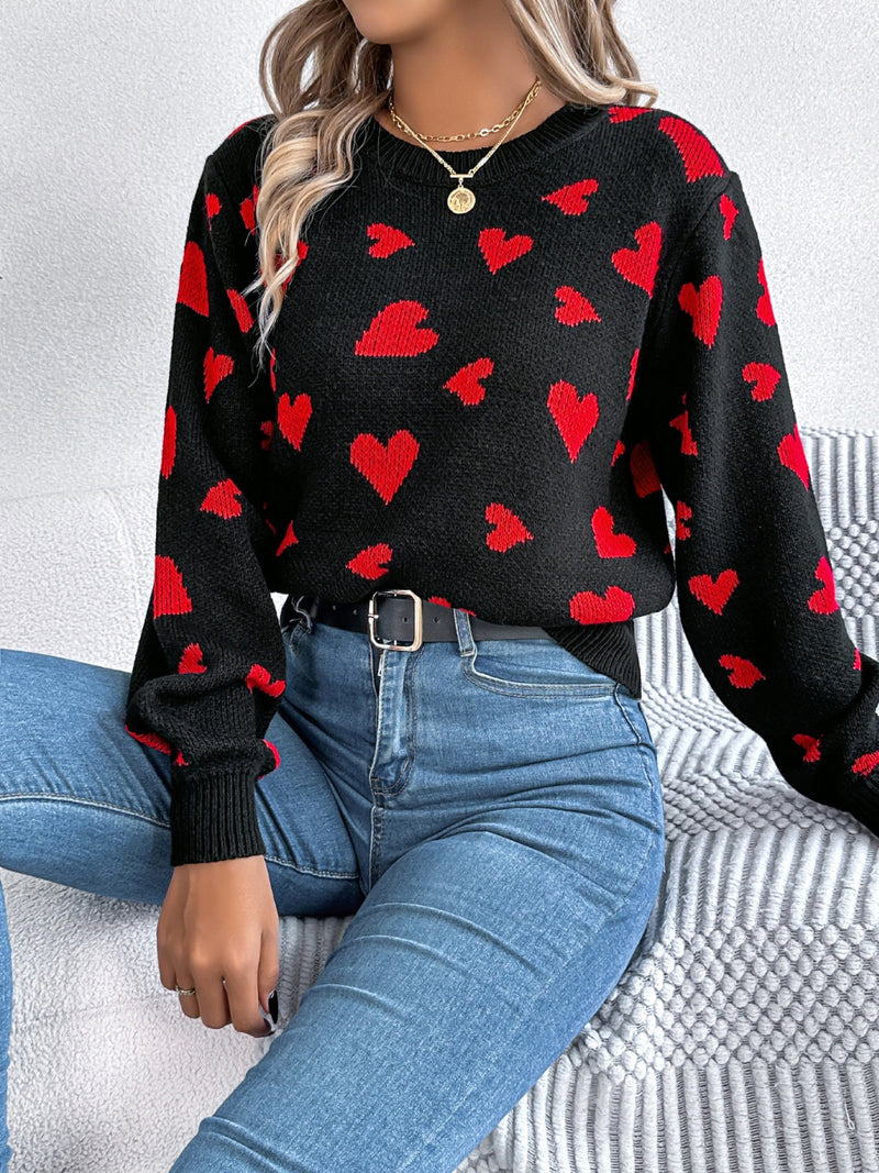 3 COLORS - Heart Round Neck Long Sleeve Sweater