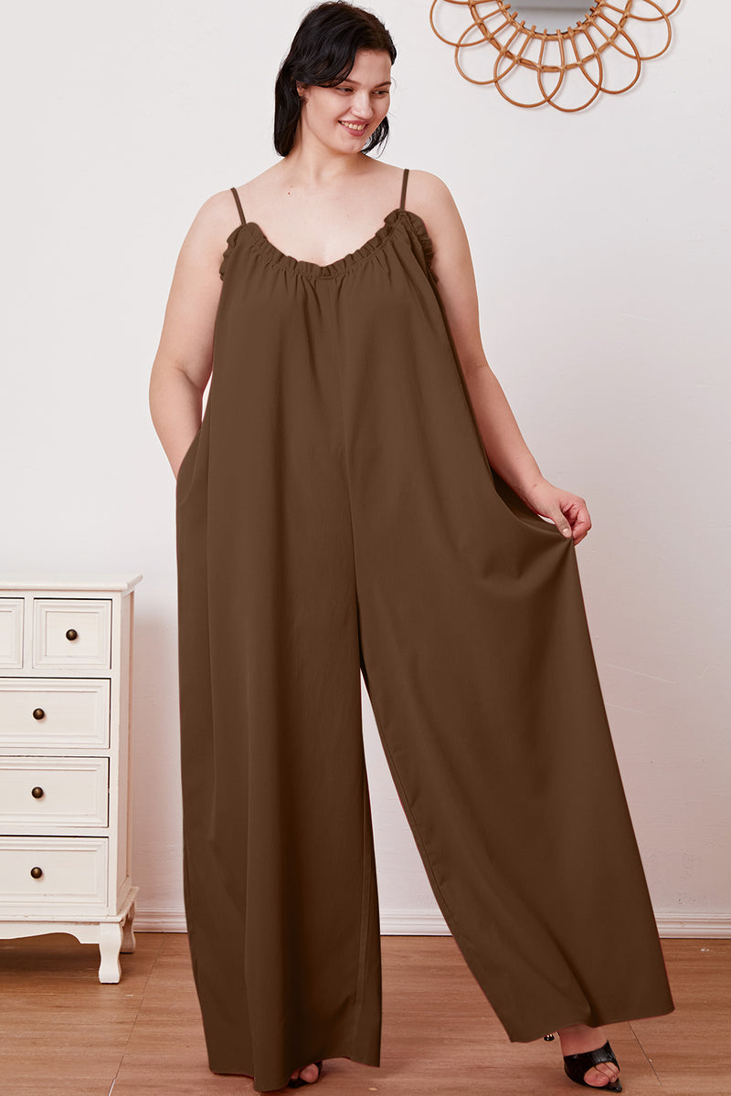 2 COLORS -  Ruffle Trim Tie Back Cami Jumpsuit with Pockets