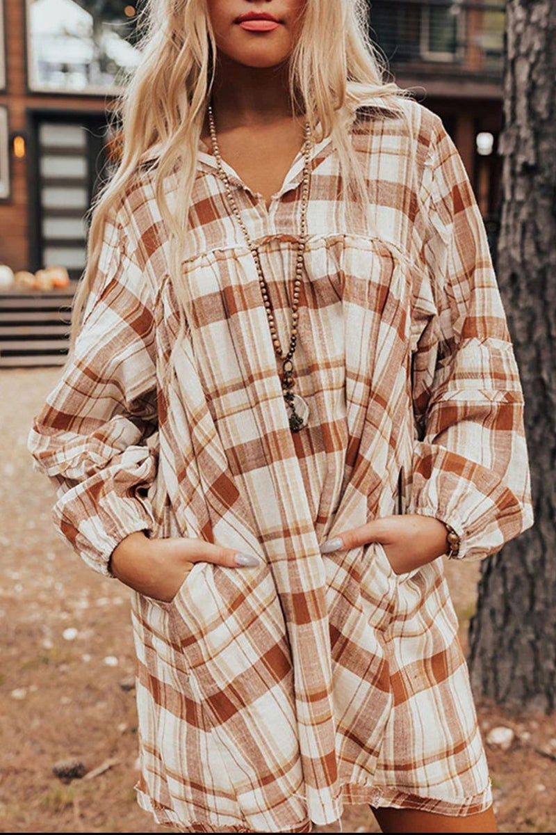 Plaid Collared Neck Long Sleeve Shirt Dress