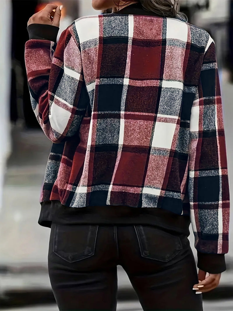 3 COLORS Plus Size Plaid Baseball Collar Zip Up Jacket