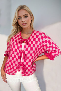 7 COLORS Checkered Dropped Shoulder Flounce Sleeve Cardigan