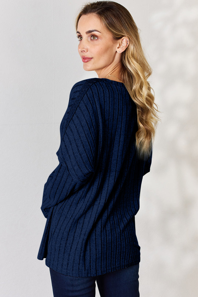 Ribbed Half Button Long Sleeve Top