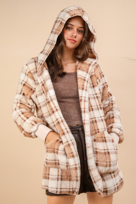 Fuzzy Plaid Long Sleeve Hooded Jacket