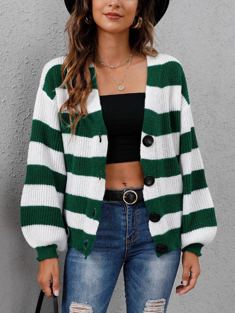 4 COLORS - Striped Button Up Long Sleeve Sweater