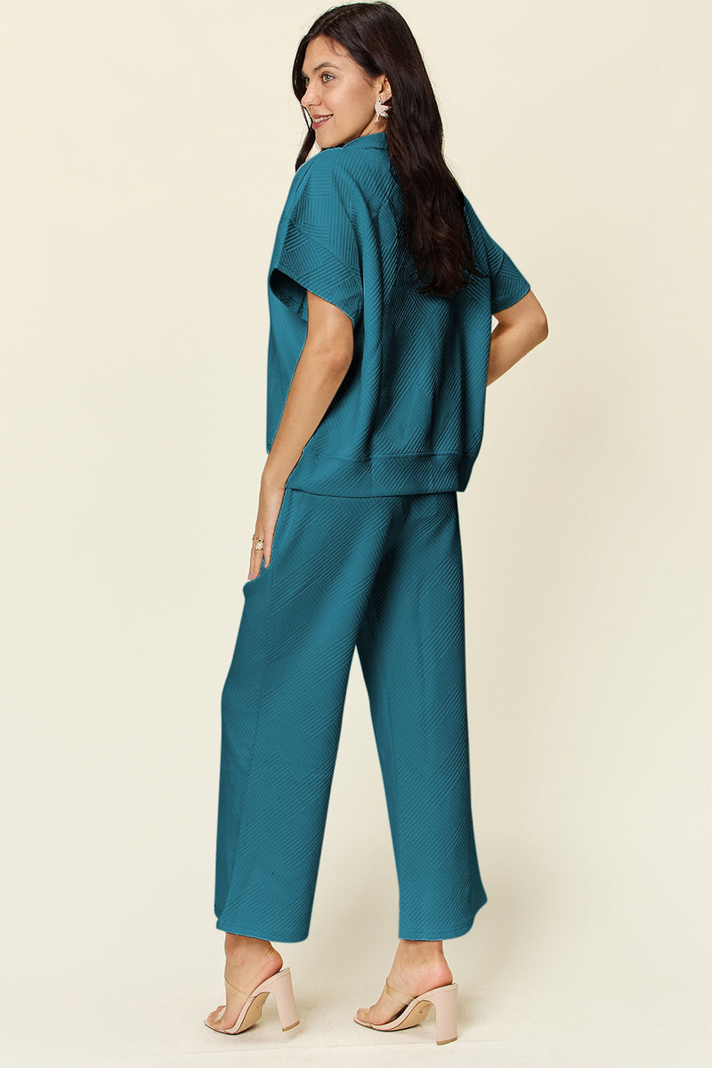 *6 COLORS* Double Take Textured Half Zip Short Sleeve Top and Pants Set