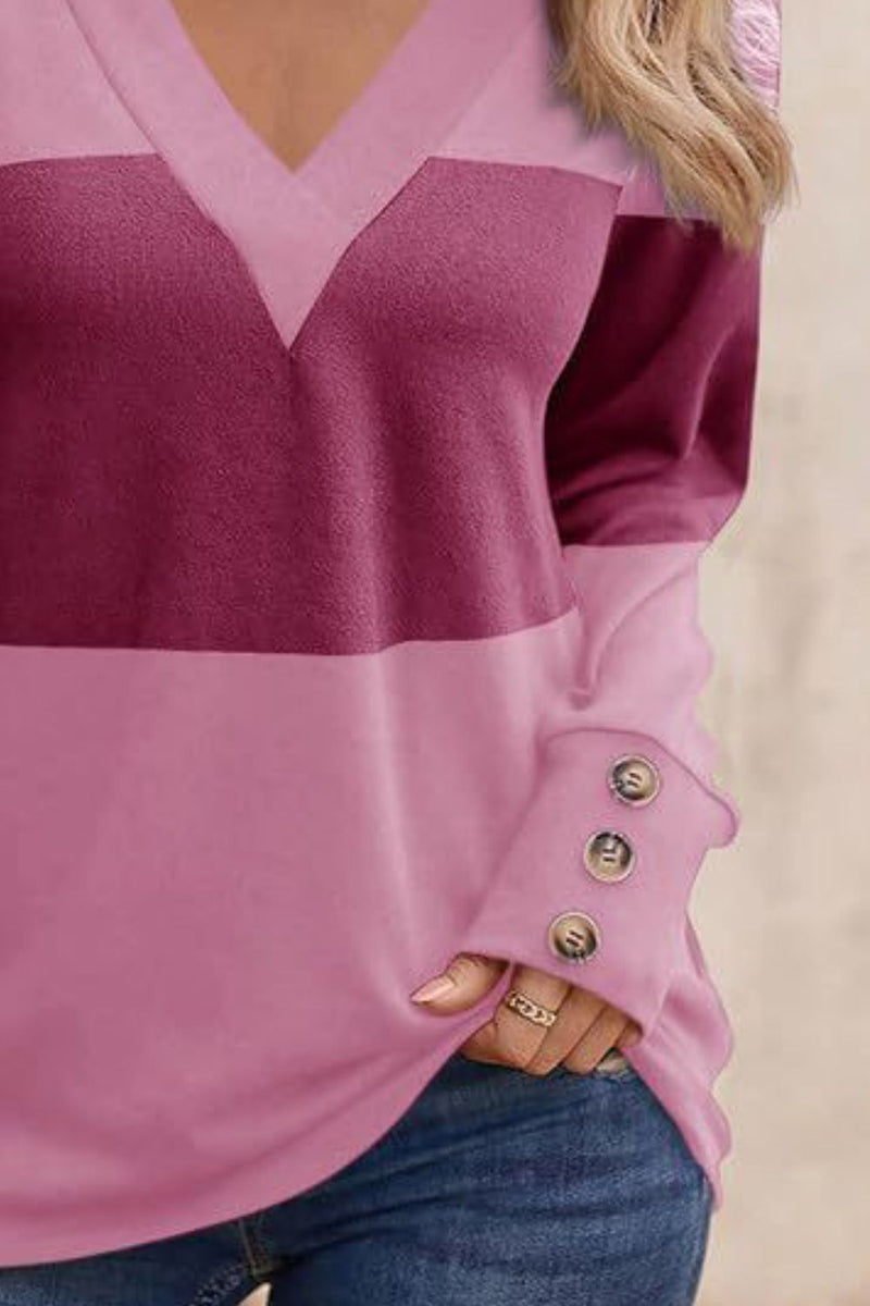 Decorative Button Contrast V-Neck Long Sleeve Top