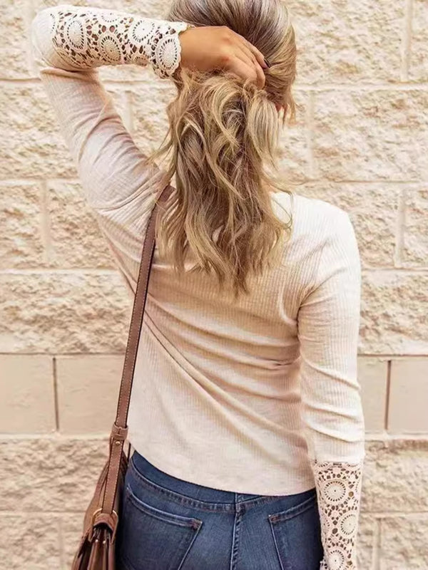 Lace Detail Half Button Round Neck Long Sleeve T-Shirt