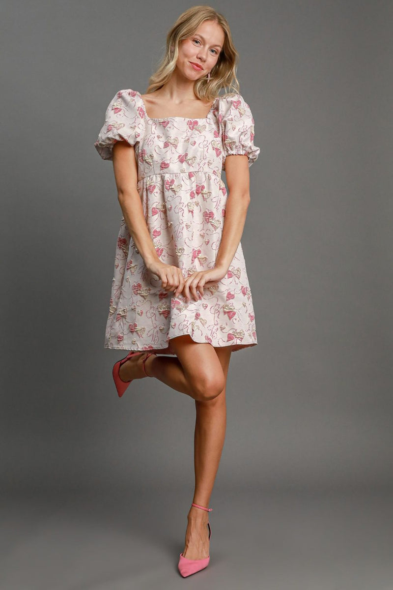 Heart Jacquard Square Neck Puff Sleeve Dress