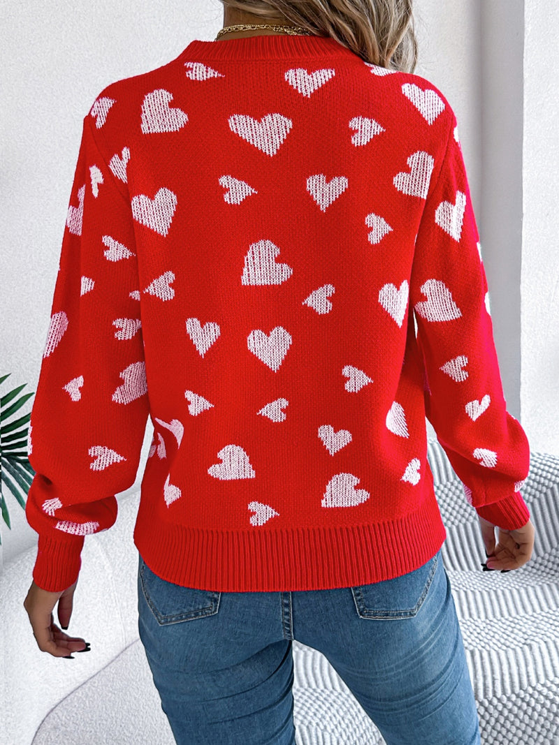 3 COLORS - Heart Round Neck Long Sleeve Sweater