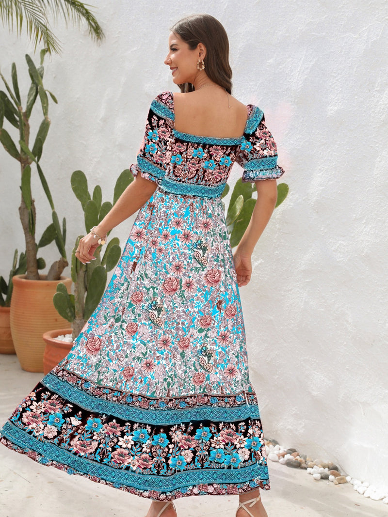 Summer Floral Flounce Sleeve Midi Dress