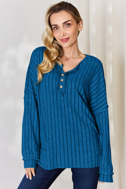 Ribbed Half Button Long Sleeve Top