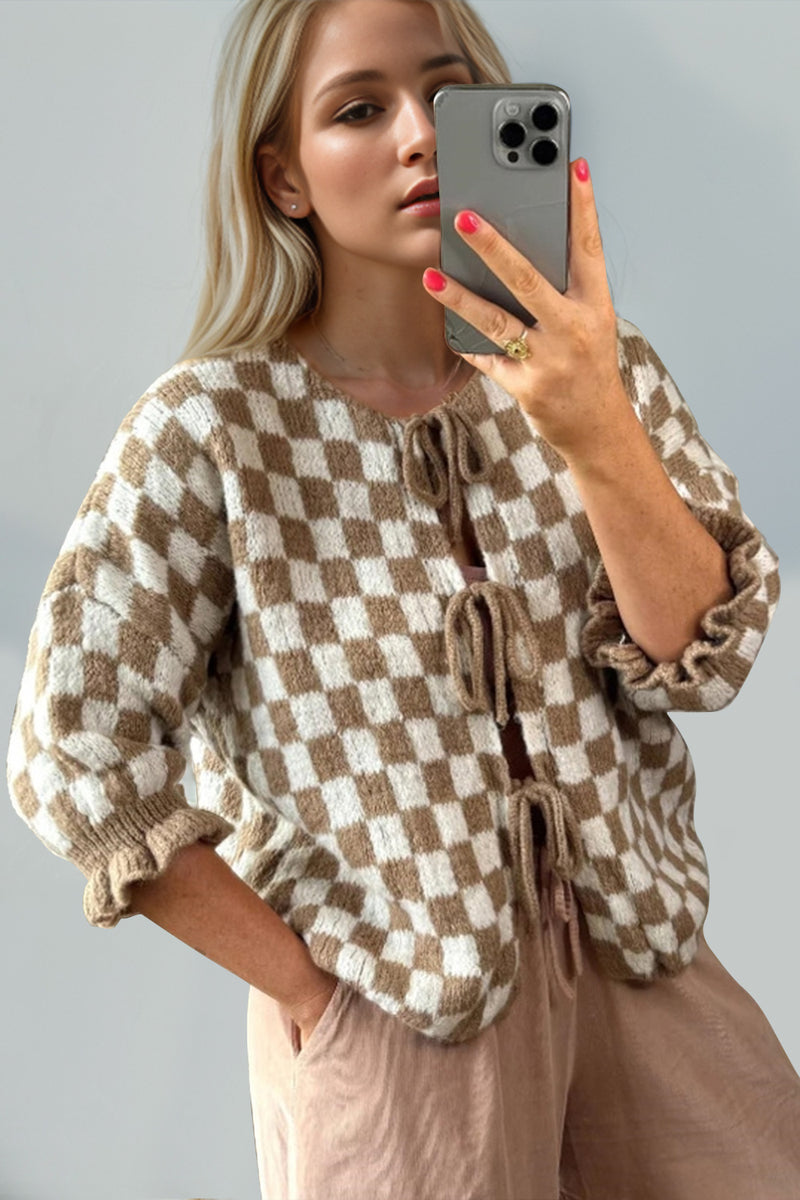 7 COLORS Checkered Dropped Shoulder Flounce Sleeve Cardigan