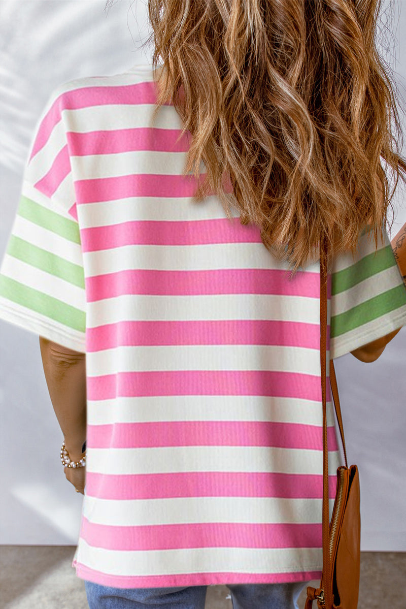 *3 COLORS* Striped Round Neck Half Sleeve Top