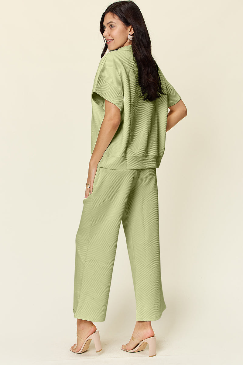 *6 COLORS* Double Take Textured Half Zip Short Sleeve Top and Pants Set